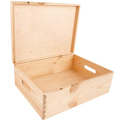 Creative Deco XL Wooden Storage Box with Hinged Lid | 15.8x11.8x5.5in (+-0.5) | Keepsake Unfinished Plain Unfinished Gift Box with Handles for Tool Toy Kitchen Jewelry | ROUGH & UNSANDED Wood Trunk - color: Beige, size: XL | Handles