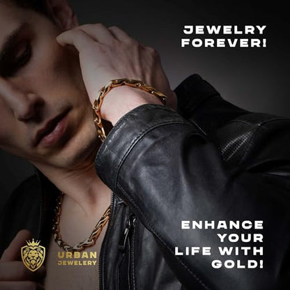 Urban Jewelry Men’s Wheat Link Bracelet Collection – Tungsten Carbide Base, 3-Sided Links, 8.3 Inch, Black, Silver & 24K Gold Plated Variations, Scratch-Resistant, Gift Box - color: 18K Gold Plated over Tungsten Bracelet Necklace Set