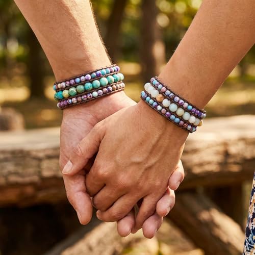 YGLINE Boho Handmade Natural Stone Bead 3 Row Wide Wrap Wrist Statment Bracelet Jewelry Collection - color: 2pcs/set
