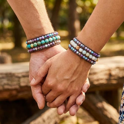 YGLINE Boho Handmade Natural Stone Bead 3 Row Wide Wrap Wrist Statment Bracelet Jewelry Collection - color: 2pcs/set
