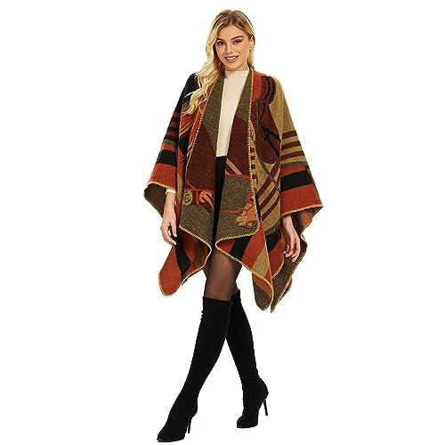 Shawl Wraps for Women, Elegant Knitted Cape Open Front Poncho Scarf Blanket Cardigan Coat for Spring, Autumn, and Winter - color: Orange Black
