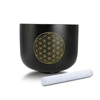 8" C Note Flower of Life Black Crystal Singing Bowl Frosted Quartz Root Base Chakra Meditation Sound Healing with Suede Striker O-ring - size: 8 inch C NOTE