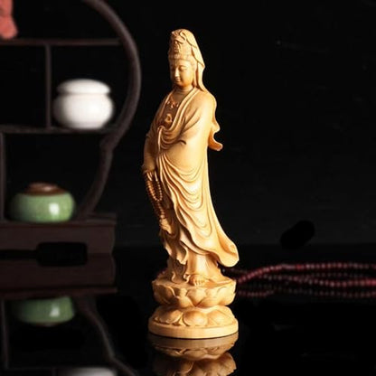 Antique Guanyin Wooden Statue Accents Zen Meditation Wood Sculpture Decor for Living Room Spa Or Yoga Studio Centerpiece Books Living Room Bedroom Ornament