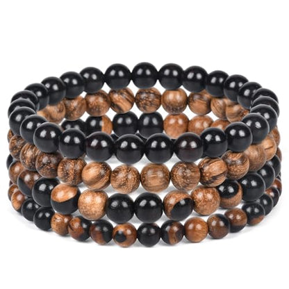 4PCS Wooden Mens Bracelet Beads,Small Beaded Bracelets For Men And Women Kit,8mm & 6mm Black Wood Beads,Natural Multi-Colored Bead