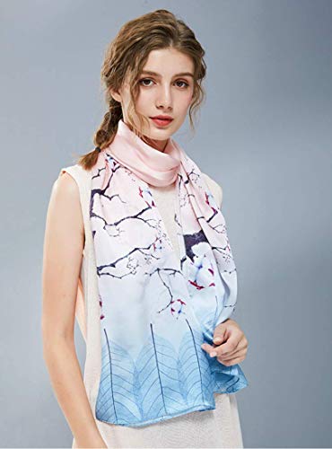 100% Mulberry Silk Long Scarf for Women Large Shawls for Headscarf and Neck- Oblong Hair Wraps with Gift Packed - color: Blue&pink Branches