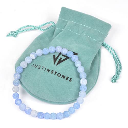 Justinstones Gem Semi Precious Gemstone 6mm Round Beads Stretch Bracelet 6.5 Inch Unisex - color: Light Blue Weathered Agate