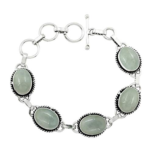 Oval Shape Natural & Synthetic Gemstones 925 Silver Plated Handmade Link Bracelets for Women - Birthstone Vintage Style Bohemian Adjustable Bracelet - Gifts for Wedding Anniversary Christmas - color: Aquamarine