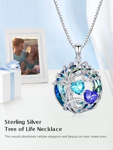 TOUPOP s925 Sterling Silver Family Celtic Tree of Life Pendant Necklaces with 2 Heart Birthstone with Blue Austrian Crystal Jewelry Birthday Valentines Day Gifts for Her, Anniversary Christmas Gifts for Wife Girlfriend Mom (18K Real White Gold Filled) - c