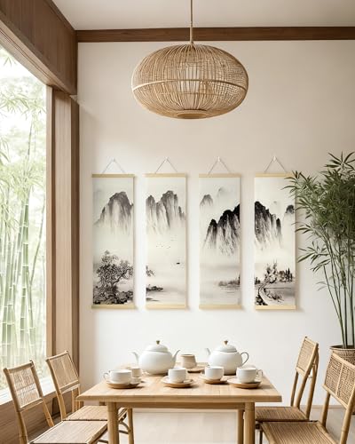 TaraZen Landscape Wall Painting Set of 4 - Chinese Ink Mountain River Scroll, Vertical Asian Wall Art Decor with Wood Frame for Living Room, Bedroom & Office - style: Asian