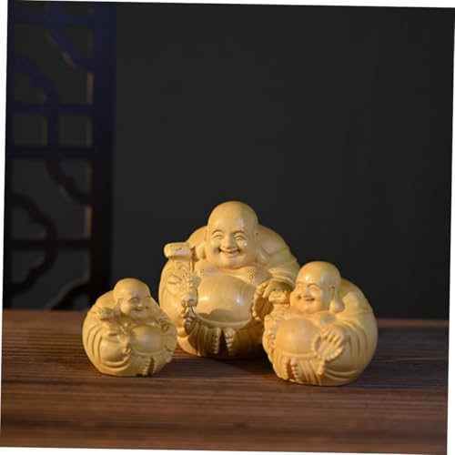 Hand-Carved Maitreya Buddha Wooden Decoration Small Desktop Ornament Unique Boxwood Sculpture for Home Zen and Spiritual Table Adornment Stable Flat Bottom Design