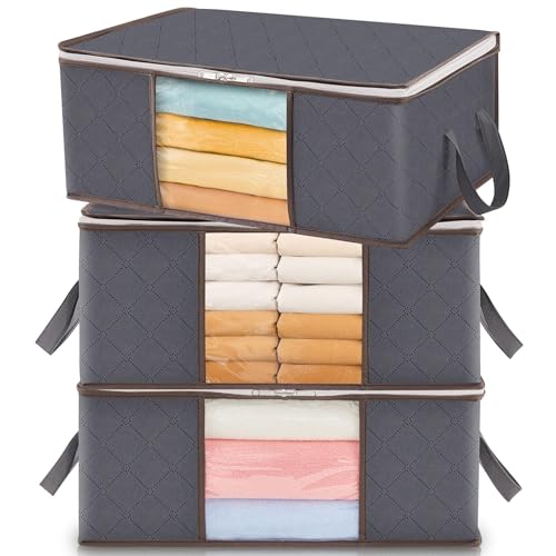 Lifewit 3 Pack 35L Clothes Storage Bins with Lids, Foldable Blanket Storage Bags with Zippers, Clear Window and Reinforced Handles, Closet and Organization for Clothing, Sweater, Comforter, Bedding - size: 35L