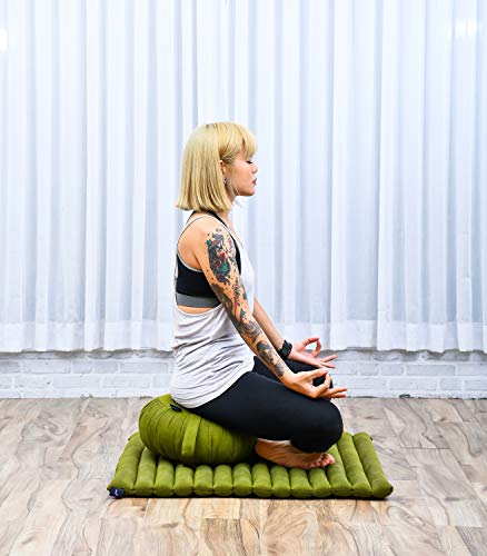 Leewadee Meditation Cushion Set – 1 Round Zafu Meditation Pillow and 1 Square Roll-Up Zabuton Meditation Mat, Pillows Bundle Filled with Kapok