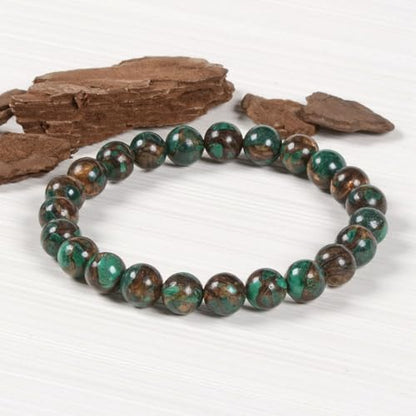Justinstones Gem Semi Precious Gemstone 8mm Round Beads Stretch Bracelet 7 Inch Unisex - color: Copper Malachite