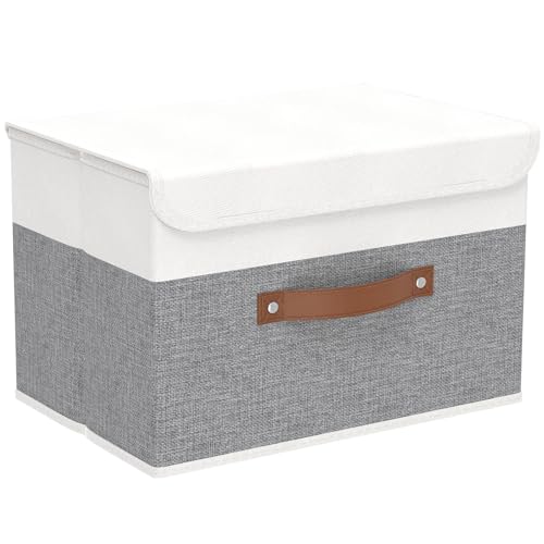 Yawinhe Storage Bins with Lids, Fabric Foldable Boxes, Washable and Leather Handle, Cube Organizer Basket for Home, Closet, White/Grey, 17.7''Lx11.8''Wx11.8''H, 1-Pack, USNK024WGX-1 - color: White/Grey, size: XL/(1 Pack)