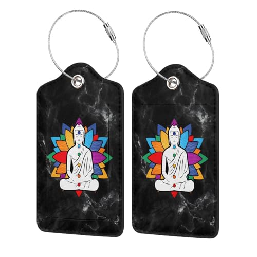 Buddha Chakra Meditation 2 Pcs Leather Luggage Tags with Stainless Steel Loop and Travel Cover - size: 1