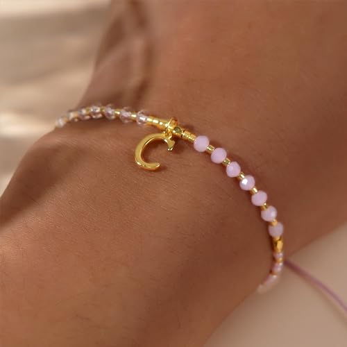 Pink Gold Beaded Natural Stone Initial Bracelets for Women Teen, Boho Handmade Personalized Gemstone Beads Letter Name Braided Rope Adjustable Bracelet Beach Bohemian Jewelry Gift - color: M