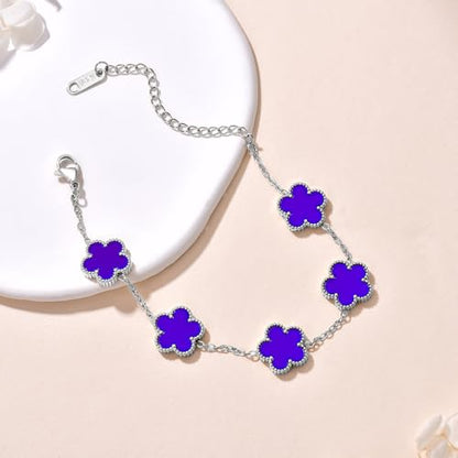 FLY FEI 18K Gold-Plated Four Leaf Clover Bracelet for Women,Adjustable lucky Bracelet Set Jewelry Gift-Hypoallergenic Charm for Birthdays, Wellness & Daily Wear - color: style02-Jewelry blue(silvery)