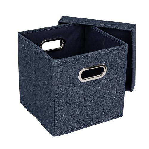 Household Essentials Collapsible Cotton Blend Cube Storage Box with Lid and Metal Grommet Handle, Set of 2, Denim - color: Denim