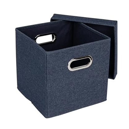 Household Essentials Collapsible Cotton Blend Cube Storage Box with Lid and Metal Grommet Handle, Set of 2, Denim - color: Denim