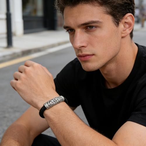 Men's Leather Bracelet, Stackable Stainless Steel Clasp Bracelets for Men Stylish Birthday, Thanksgiving, Valentine's Day Gift for My Man - style: 8.6"