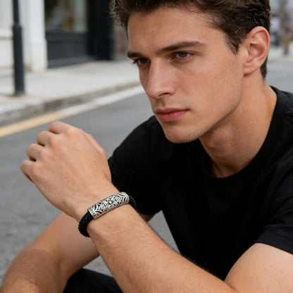 Men's Leather Bracelet, Stackable Stainless Steel Clasp Bracelets for Men Stylish Birthday, Thanksgiving, Valentine's Day Gift for My Man - style: 8.6"