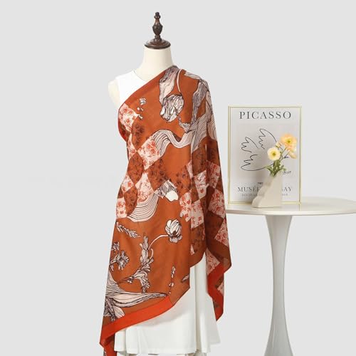 Cashmere-soft Mercerized wool Shawl Pashmina Lightweight Travel Wrap & Evening Scarf |Office |Wedding - color: Iris Checkered Orange-red