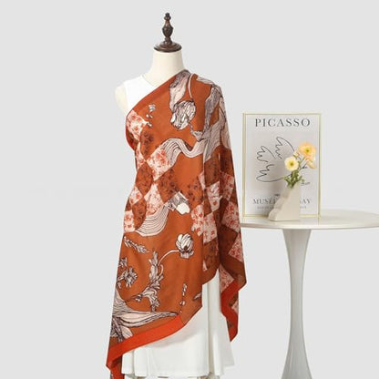Cashmere-soft Mercerized wool Shawl Pashmina Lightweight Travel Wrap & Evening Scarf |Office |Wedding - color: Iris Checkered Orange-red