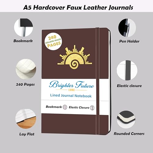 Lined Journal Notebook - A5 Hardcover Faux Leather Journals | - Journaling Notebook for Women Men | 240 Pages Ruled Notebooks Writing Travel Business Work Journal | Great Gift for Graduates and Teachers (Brown)