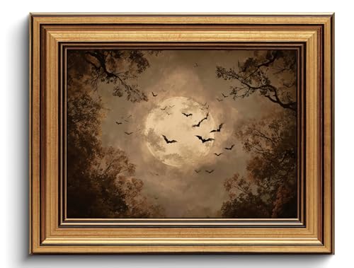 Gold Framed Wall Art Dark Academia Canvas Art Prints Gothic Wall Decor Moody Pictures Halloween Painting Vintage Moon Bat Artwork for Living Room Bedroom Bathroom 8x10in - color: Dark Academia Decor, size: 8x10in Gold Framed