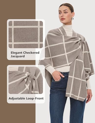 PULI Womens Elegant Cross Front Shawl Wraps Knitted Ponchos Cape Light Weight Poncho Sweater Soft Warm Travel Wraps - color: Classic Check-oatmeal and Barley Twist