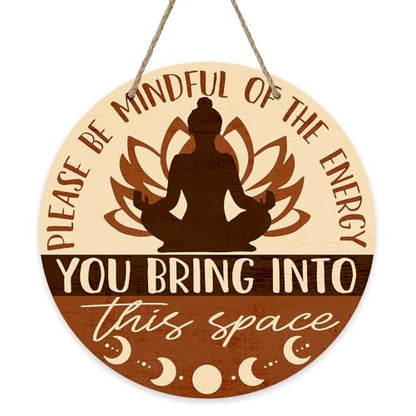 Positive Energy Buddha Front Door Sign, Meditation Room Zen Den Wood Door Hanger Decor, Spiritual Wooden Wreath Indoor Yoga Studio Spa Therapy Wall Hanging Decoration Meditation Accessories Gifts