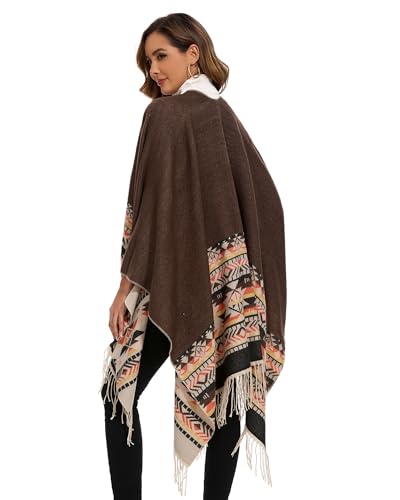 Shawl Wraps for Women, Elegant Knitted Cape Open Front Poncho Scarf Blanket Cardigan Coat for Spring, Autumn, and Winter - color: Brown Beige