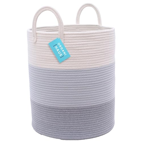 OrganiHaus Large Gray Woven Laundry Basket w/Handles 52L, Rope Dirty Clothes Hamper, Blanket Basket for Living Room, Baby Laundry Hamper for Nursery, Soft & Durable Decorative Organizer Bin - color: 3-toned Gray, size: Tall