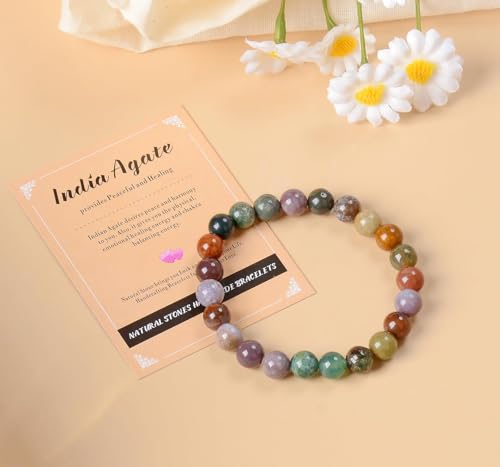 AD Beads Handmade Gemstone Stretch Elastic Bracelet Crystal Healing Reiki Nature's Beauty and Spiritual Essence Unisex - color: Indian Agate, size: 12mm