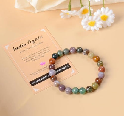 AD Beads Handmade Gemstone Stretch Elastic Bracelet Crystal Healing Reiki Nature's Beauty and Spiritual Essence Unisex - color: Indian Agate, size: 12mm