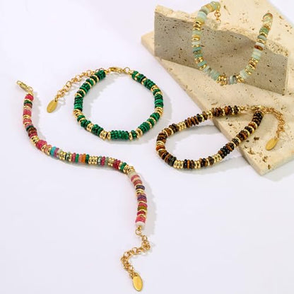 Beaded Bracelet for Women and Girl, Colorful Beach Boho Gems Bracelet 14K Gold Plated Stackable Handmade Bohemian Multicolor Natural Stone Bracelet - color: Malachite
