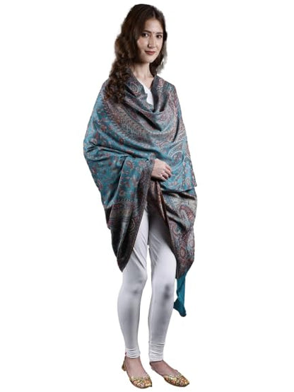 Exotic India Reversible Jamawar Shawl with Woven Paisleys - Wool - color: Duck Blue