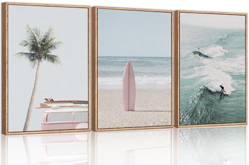 CHDITB Beach Framed Canvas Wall Art Set, Palm Tree Surfboard Seascape Wall Decor, Ocean Surfing Wall Painting, Coastal Art Print for Living Room, Bedroom, Dining Room, Bathroom - Large Size 16"x24"x3 - color: Beach, size: 16"L x 24"W
