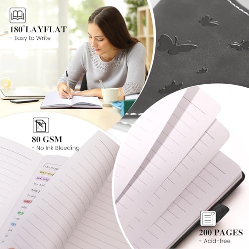 Lined Journal Notebook, A5 Hardcover Leather Journal for Men Women, 200 Pages 100 GSM Thick Paper, Journaling Notebooks for Work School Travel Note Taking, Black - color: black