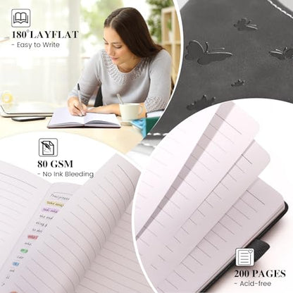 Lined Journal Notebook, A5 Hardcover Leather Journal for Men Women, 200 Pages 100 GSM Thick Paper, Journaling Notebooks for Work School Travel Note Taking, Black - color: black