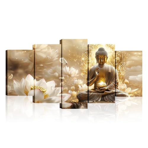 Gold Buddha Canvas Wall Art 5 Piece Zen Wall Decor Buddhism Meditation Picture Lotus Prints for Spiritual Room Living Room Home Decor Framed(Picture-3,10x16inx2 10x20inx2 10x24inx1) - color: Picture-3, size: 50x24 inch