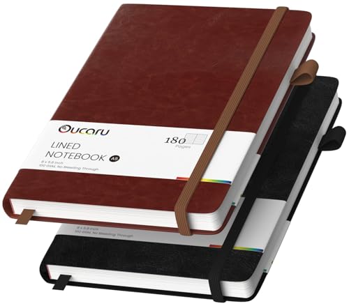 Oucaru Lined Journal Notebook, 2 Pack, 180 Pages, A5 Journals for Writing, 100 GSM Thick Paper, Small Notebooks Daily Journal for Women Men Work, Business, School, Travel Supplies - color: Black & Brown, size: 2 Pack