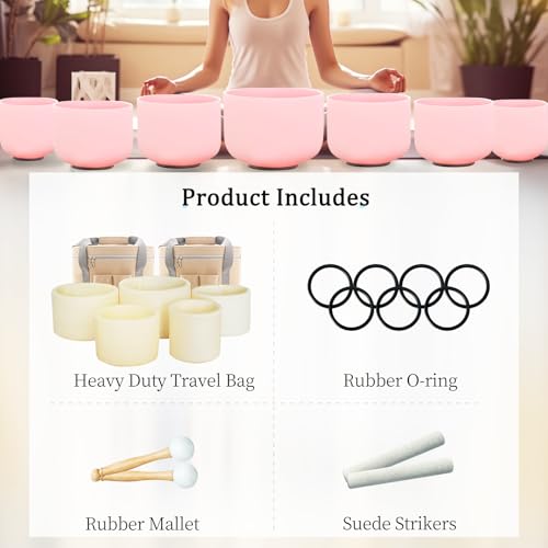 Hye-eun Pink Crystal Singing Bowls Set, 432hz Quartz Frosted Sound Bowl set of 7pcs with Carrying Case for Yoga Sound Healing Instruments - color: 432hz 7-12inch CDEFGAB Pink 7pcs
