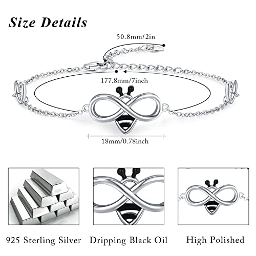 Bee Bracelet Sterling Silver Infinity Honey Bracelet Minimal Cute Jewelry 7"+2" Adjustable Chain Bracelet Jewelry Birthday Christmas Graduation Gifts for Women Wife