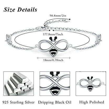 Bee Bracelet Sterling Silver Infinity Honey Bracelet Minimal Cute Jewelry 7"+2" Adjustable Chain Bracelet Jewelry Birthday Christmas Graduation Gifts for Women Wife