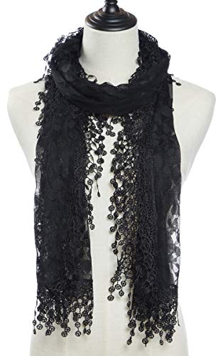 Cindy and Wendy Lightweight Soft Leaf Lace Fringes Scarf Bridal Veils shawl for Women - color: Black-1