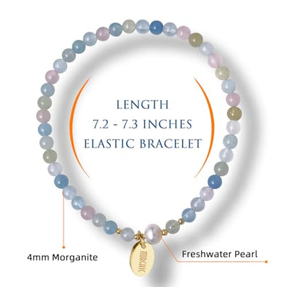 4mm Natural Gemstone Beads Stretch Bracelet for Women, With Freshwater Pearls, Energy Gem Birthday Gift for Her 7.2” - color: Morganite