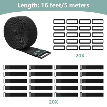 1.5In x 16Ft Cinch Straps Heavy Duty With 20 Buckles, Black Nylon Hook and Loop Straps, Reusable Long Cable Ties for Organizer or Storage