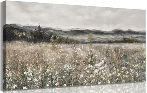 Large Frame Vintage Landscape Canvas Wall Art Meadow Sea of Flower Painting Pictures Wall Decor Classic Retro Farmhouse Rustic Poster Print for Living Room Bedroom Decoration 32x16in - color: Retro Landscape, size: 32"L x 16"W