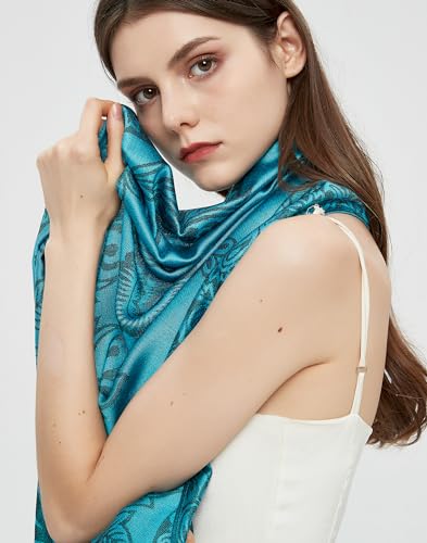 Pashmina Shawl Wrap with Ethnic Paisley Two Tone Jacquard Scarf for Women - color: Paisley-blue